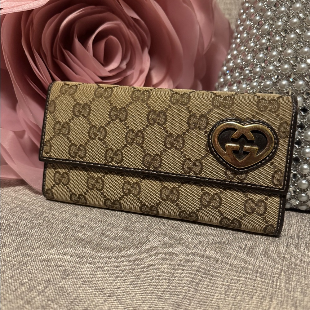 Gucci Tan and Brown Monogram Heart Wallet